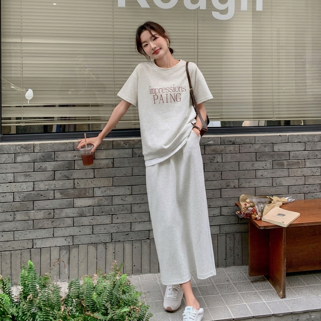 【整套】韓系休閒時尚百搭減齡短袖T恤+半身裙兩件套裝