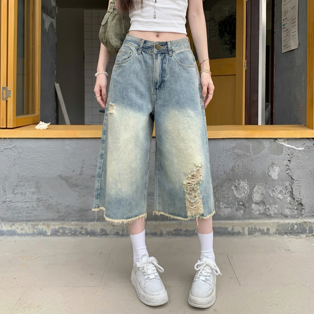 復古高腰寬松顯瘦破洞七分牛仔短褲