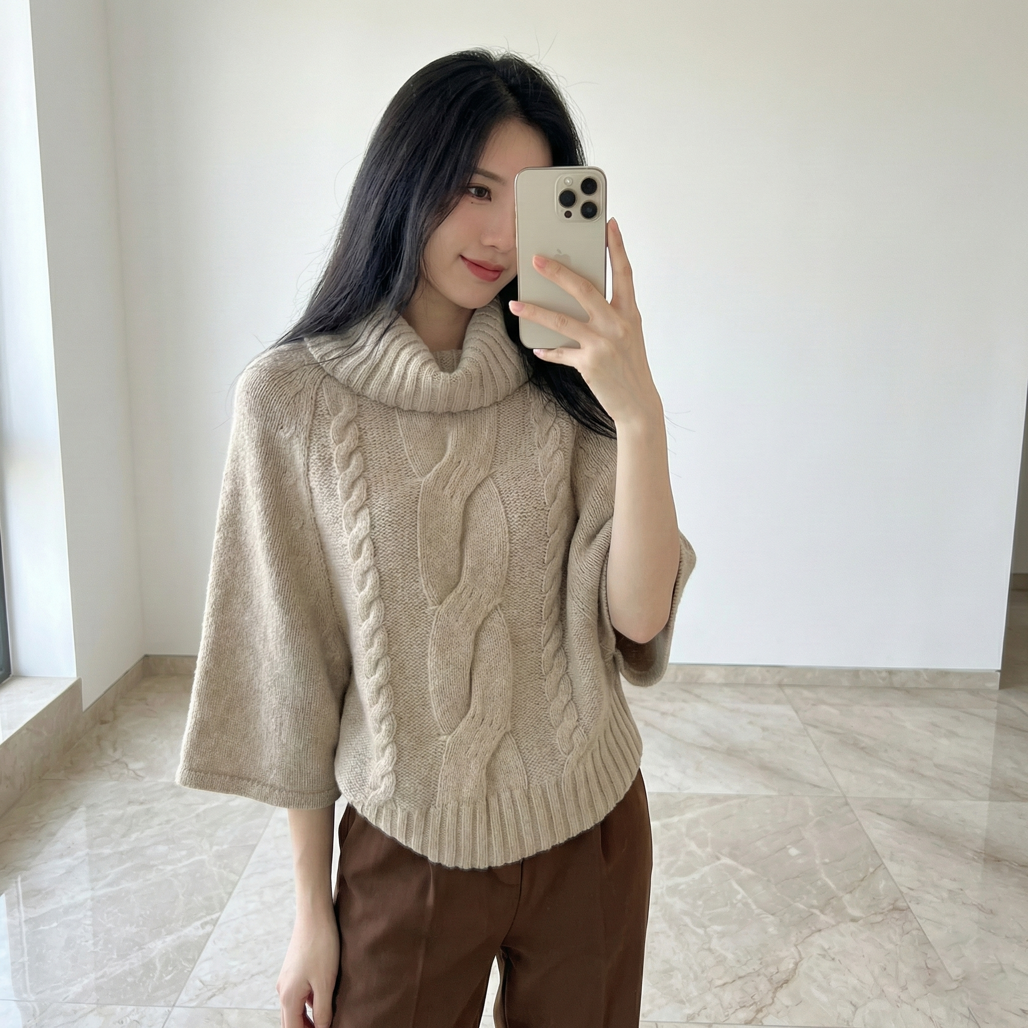 麻花斗篷氛圍針織衫復古寬鬆中袖高領毛衣-Cicimode