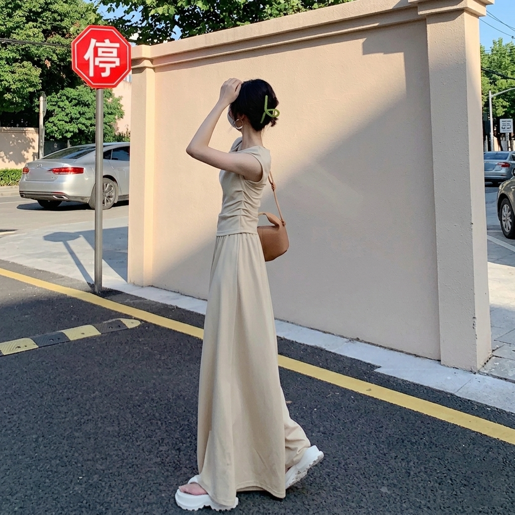 【整套】韓系穿搭一整套顯瘦掐腰短袖T恤+闊腿長褲兩件套裝