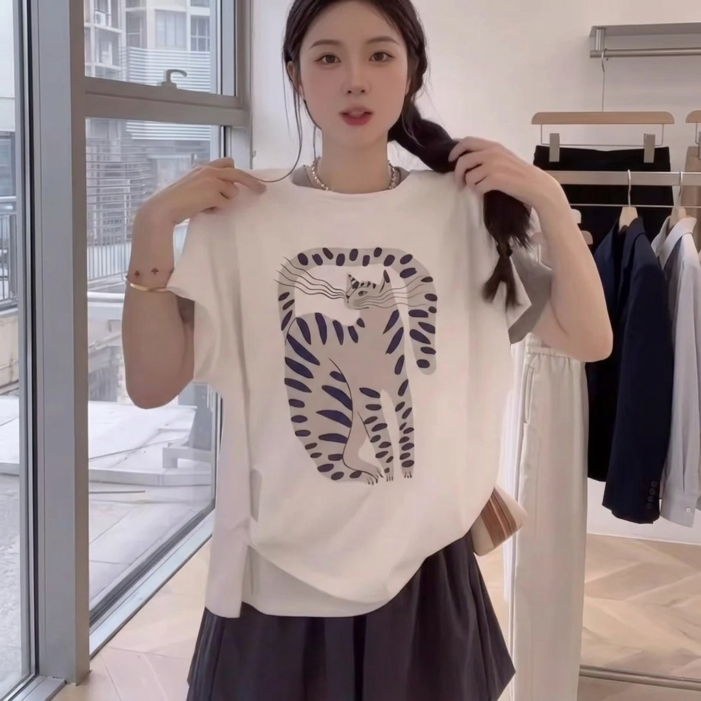 【純棉】小眾別緻休閒貓咪印花設計感短袖T恤