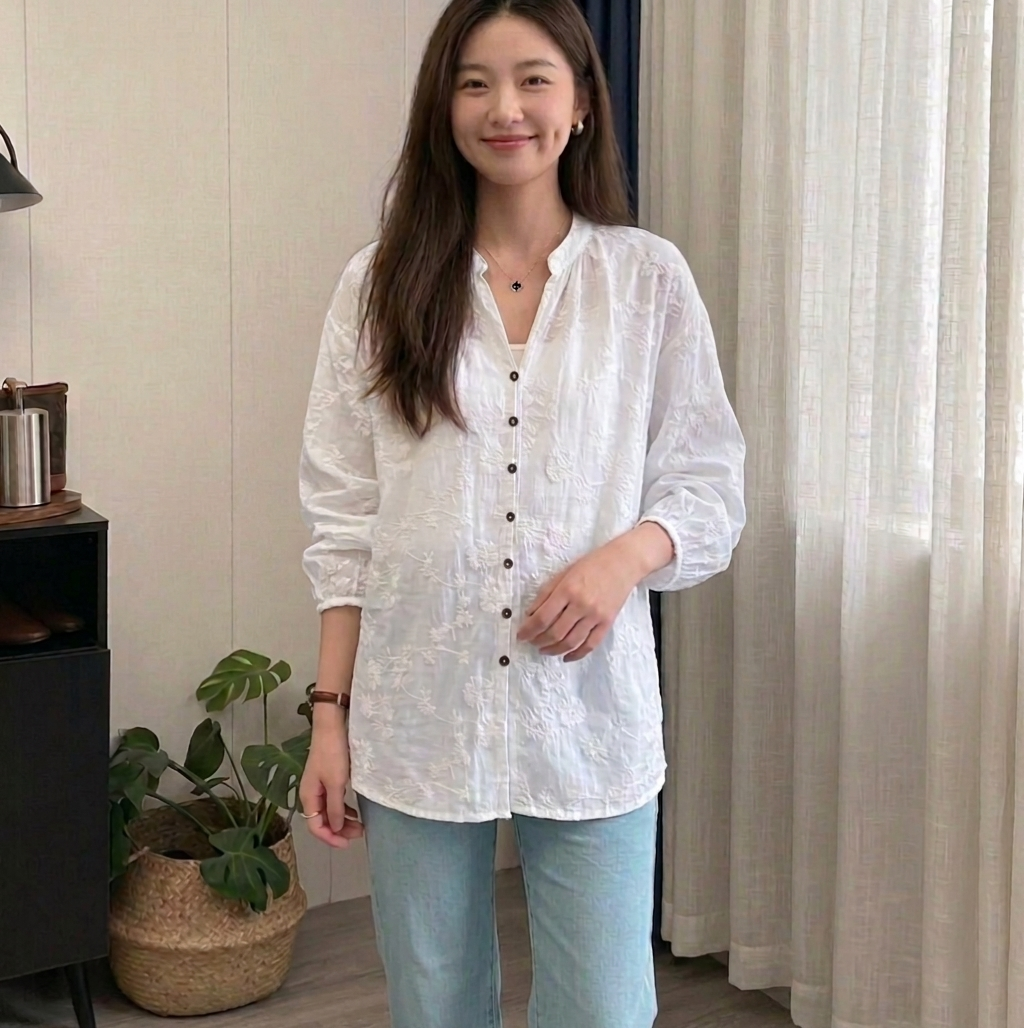 提花刺繡棉質百搭防曬寬鬆七分袖中長款開衫襯衫