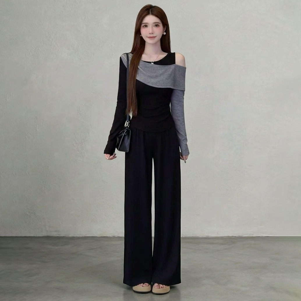 【單件/套裝】韓版高級感氣質撞色拼接露肩不規則上衣+高腰長褲兩件套裝