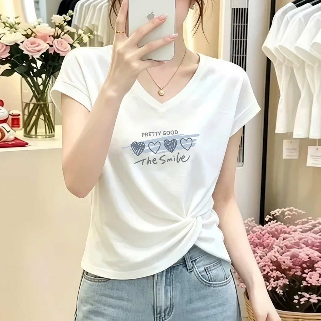 薄款竹節棉V領扭結修身顯瘦簡約印花休閒百搭T恤
