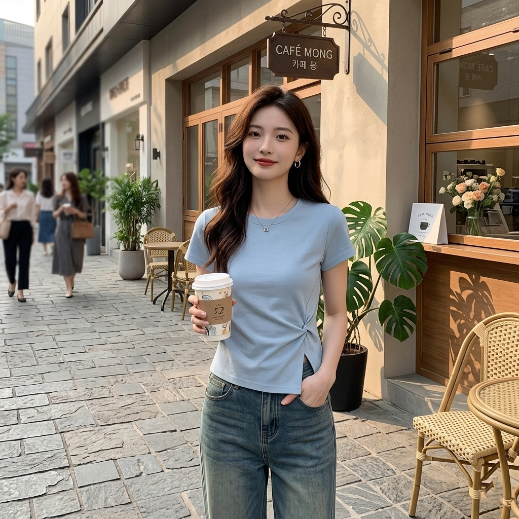 韓系百搭修身圓領扭結開叉短袖T恤