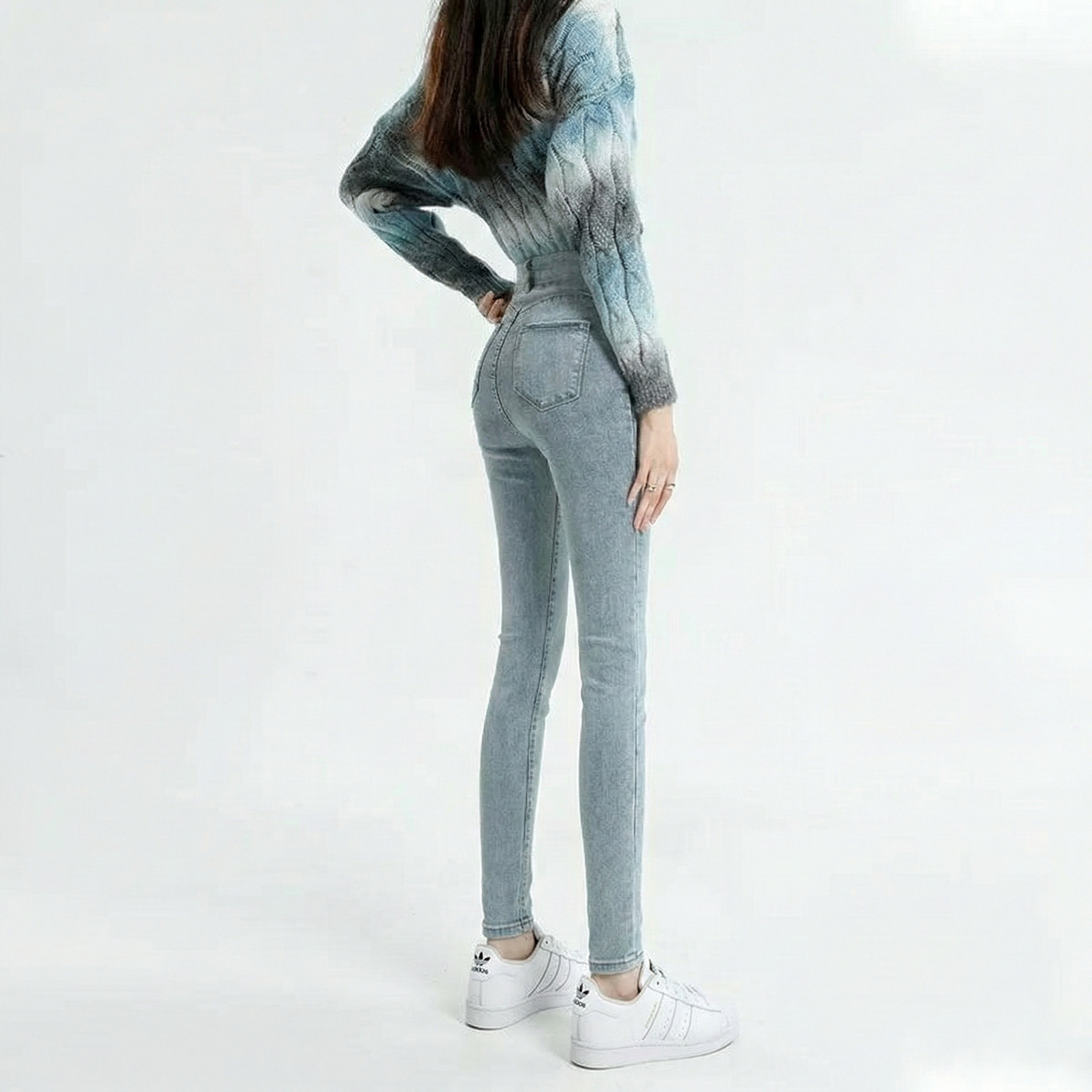 （4色可選）休閒彈力高腰修身顯瘦提臀小腳牛仔褲