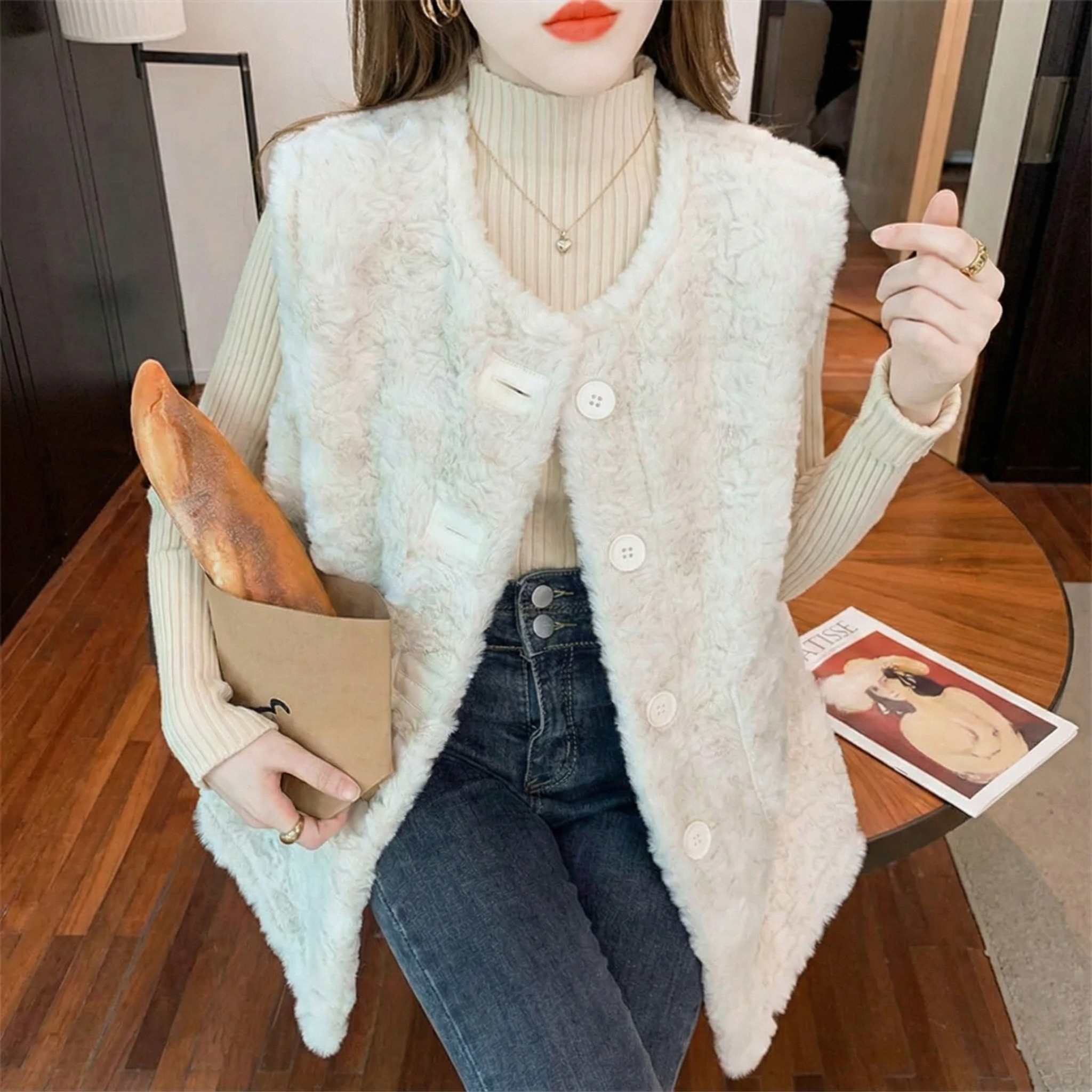 百搭時尚休閒洋氣仿兔毛皮毛一體毛絨馬甲-Cicimode