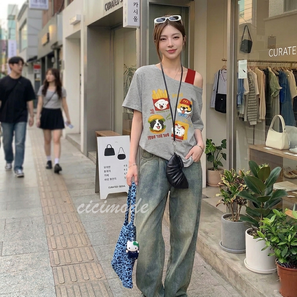 美式假兩件吊帶純棉印花寬鬆斜肩短袖t恤