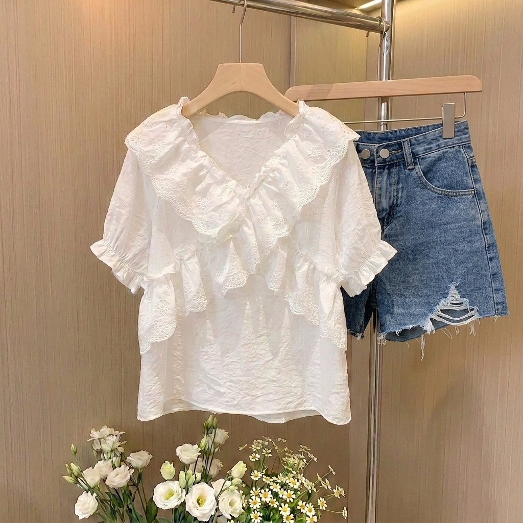 【單件販售】甜美減齡荷葉邊v領雪紡短袖+高腰a字顯瘦牛仔短褲兩件套裝