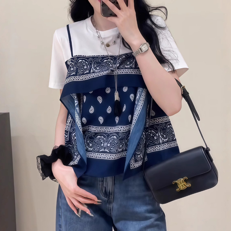 民族風設計感拼接時尚假兩件短袖T恤