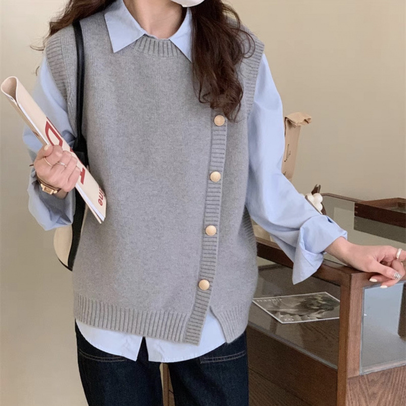 疊穿背心氣質設計感慵懶風側邊金扣針織馬甲