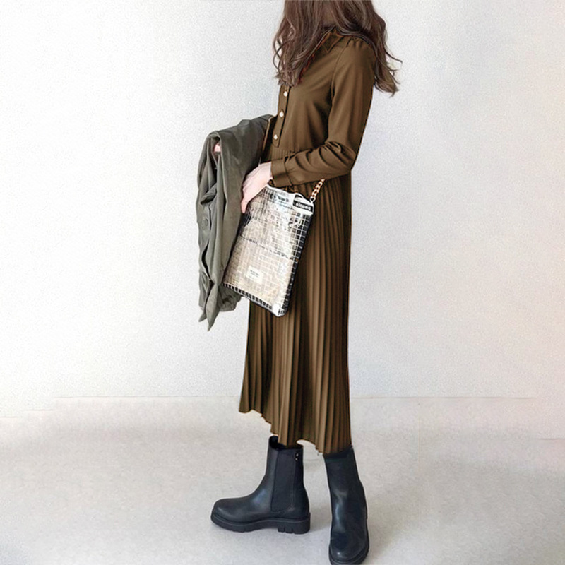 日系新款翻折領半開衫壓褶拼接連身裙-Cicimode