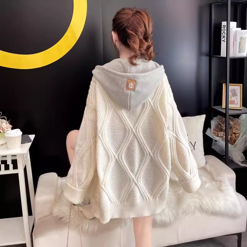 假兩件連帽寬鬆慵懶風中長版針織開衫-Cicimode