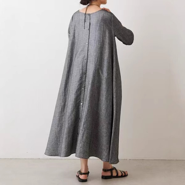 【一衣兩穿】圓領百搭長款多扣麻料開衫中袖洋裝/開衫-Cicimode