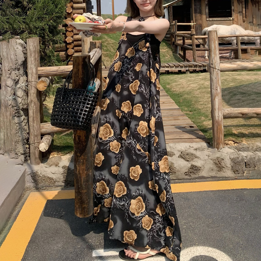 復古浪漫香檳玫瑰顯瘦寬鬆休閒背帶闊腿連體褲-Cicimode