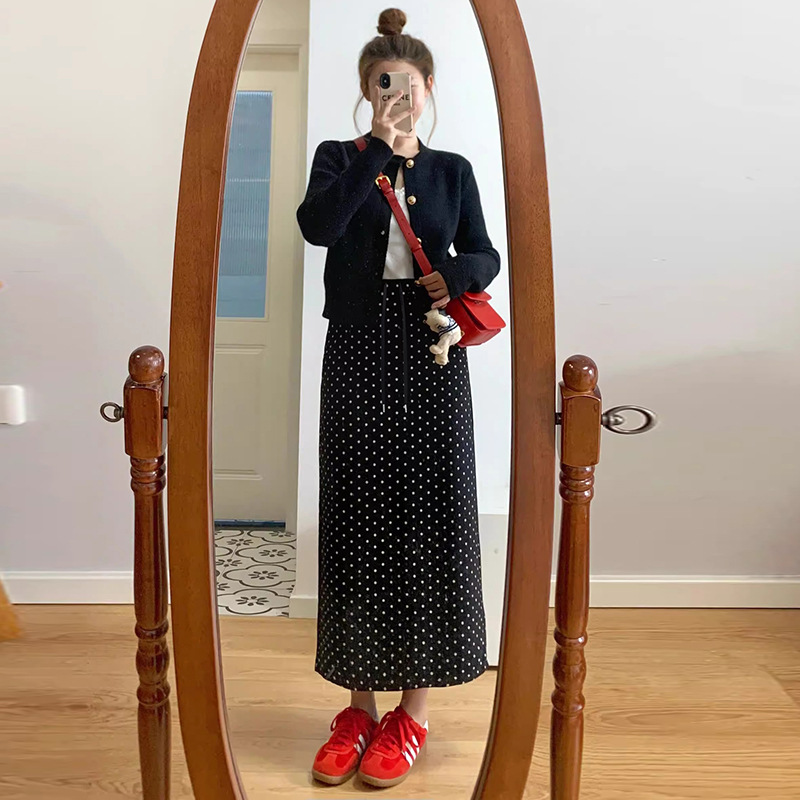 【單件/套裝】小香風黑色氣質針織開衫+波點半身裙兩件套-Cicimode