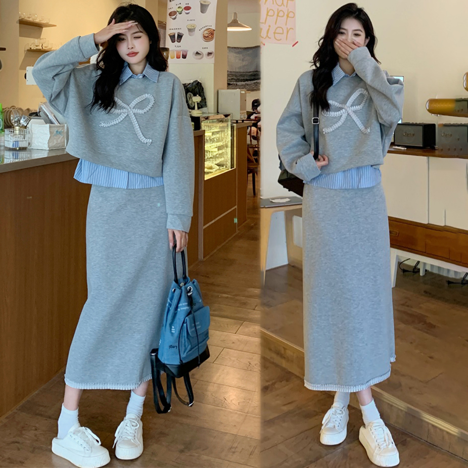 【整套】POLO領條紋拼接長袖衛衣+高腰包臀半裙兩件套裝-Cicimode