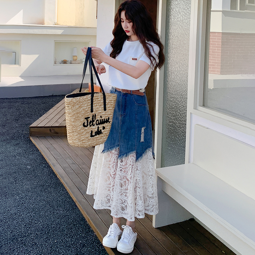 【單件/套裝】氣質流行短袖T恤+蕾絲拼接牛仔半身裙兩件套裝-Cicimode