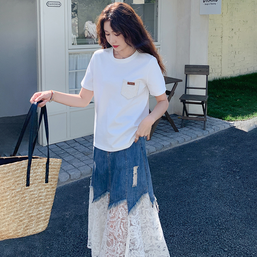 【單件/套裝】氣質流行短袖T恤+蕾絲拼接牛仔半身裙兩件套裝-Cicimode