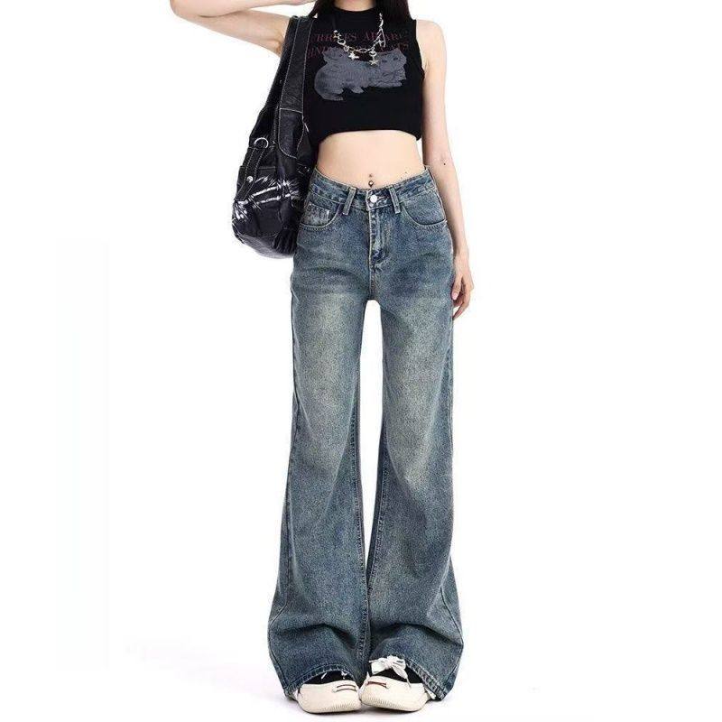 美式復古刷毛加厚高腰馬蹄顯瘦微喇拖地牛仔褲