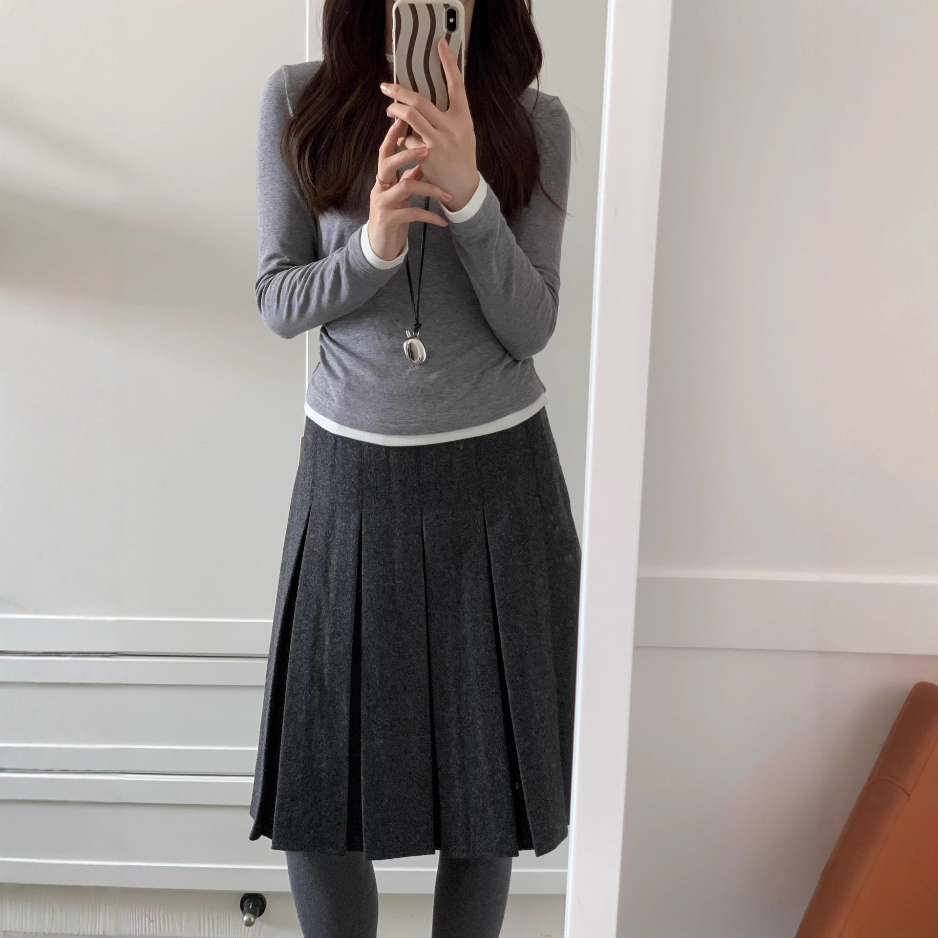 復古重工壓褶顯瘦高腰毛呢A字半身裙