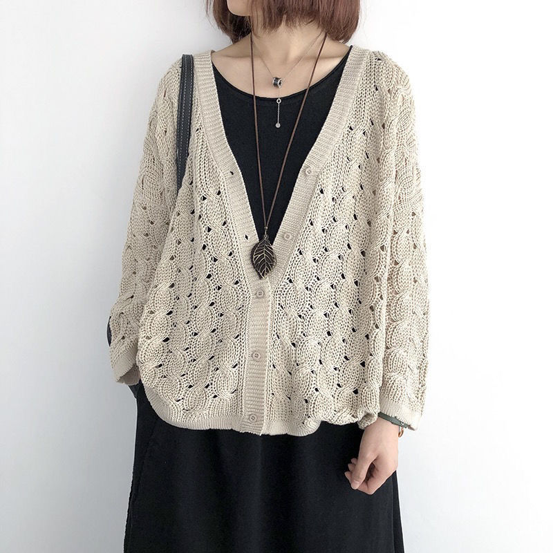 7色鏤空大碼顯瘦網眼長袖針織衫開衫-Cicimode