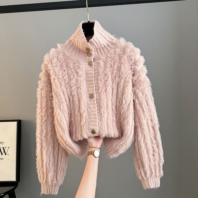 韓版軟糯寬鬆高領毛衣外套針織開衫-Cicimode