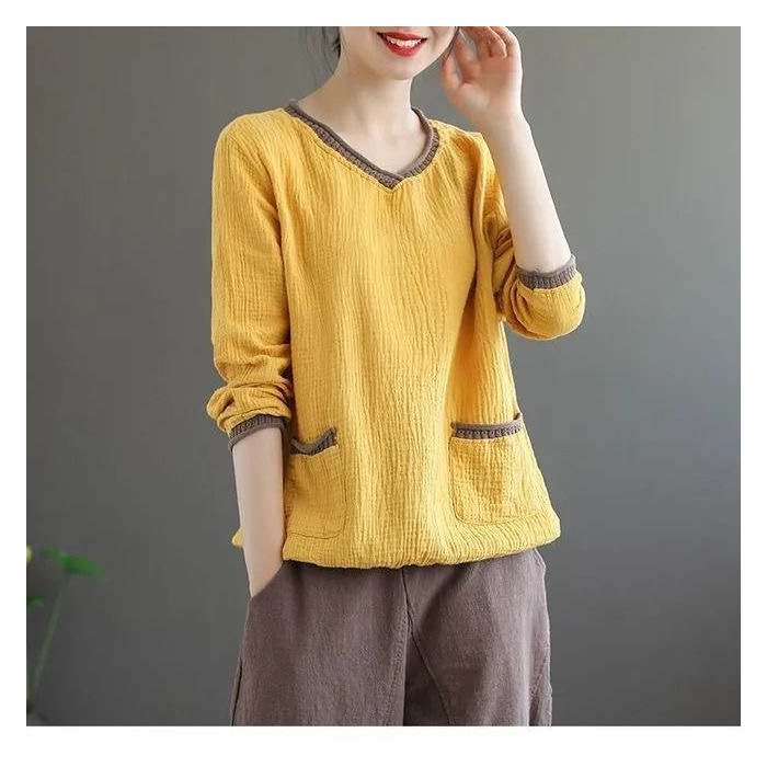 新款國風秋季女裝民族復古艺文V領打底長袖T恤上衣