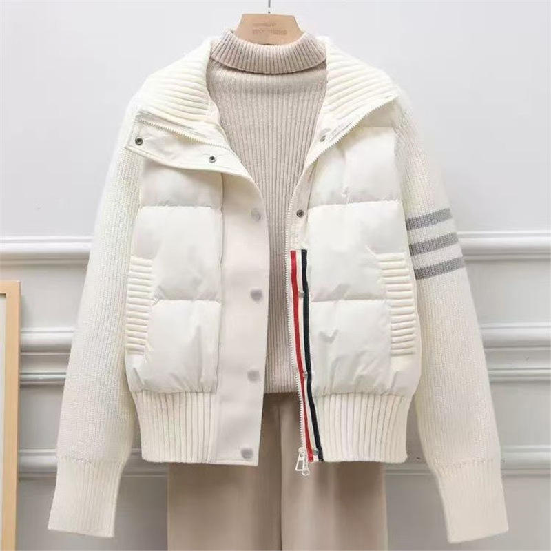短版休閑立領加厚保暖針織拼接羽絨棉服