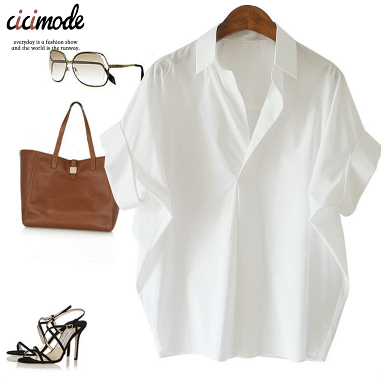 復古港味百搭寬鬆蝙蝠袖襯衫短袖-Cicimode