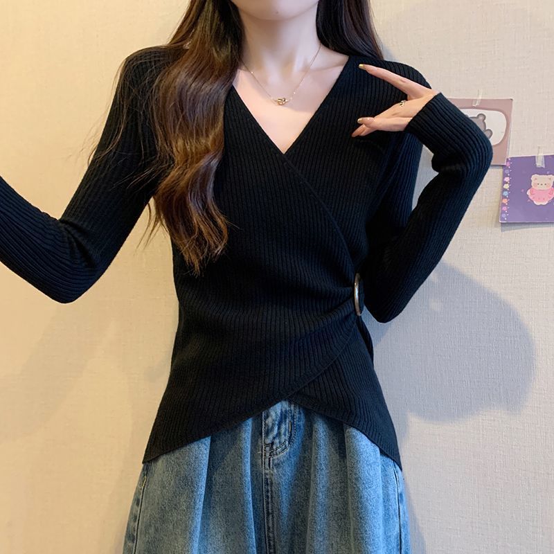 小香風v領坑條寬鬆顯瘦大碼純慾風長袖T恤