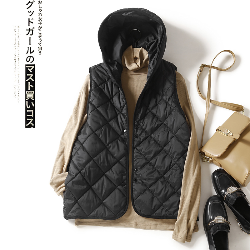輕薄氣質寬鬆無袖連帽保暖菱格羽絨棉服
