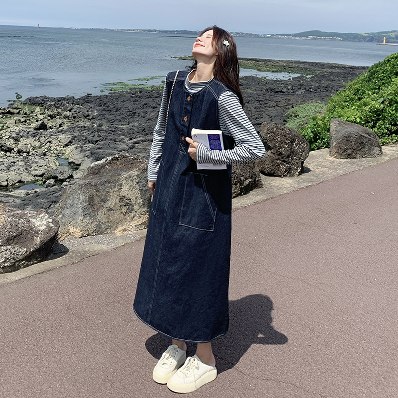 【單件/套裝】韓系條紋顯瘦上衣+復古牛仔背心洋裝兩件套-Cicimode