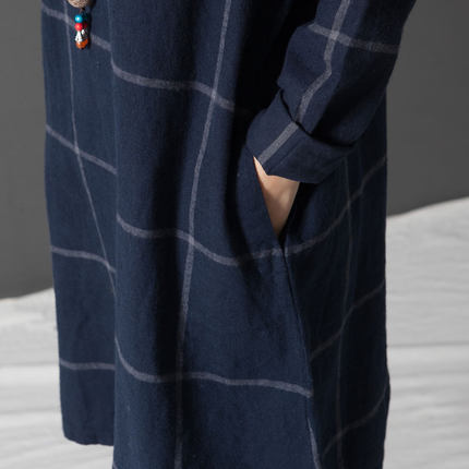 文藝寬鬆氣質格子棉麻長袖連身裙