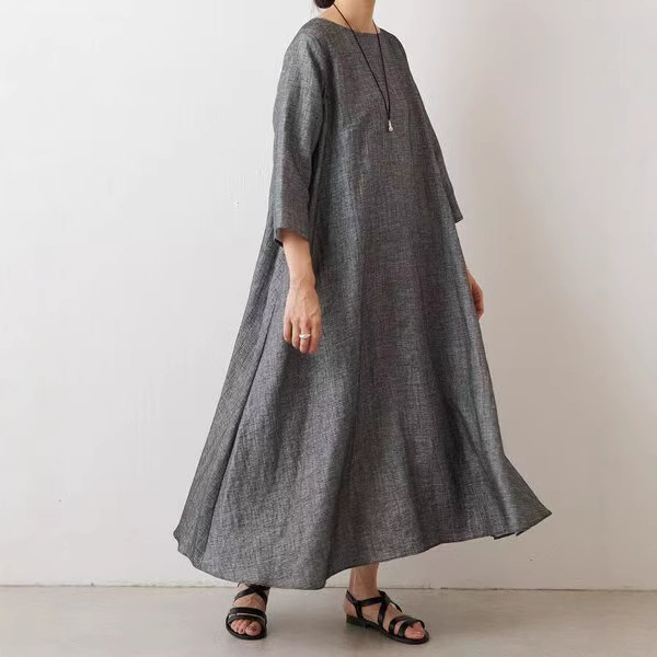 【一衣兩穿】圓領百搭長款多扣麻料開衫中袖洋裝/開衫-Cicimode