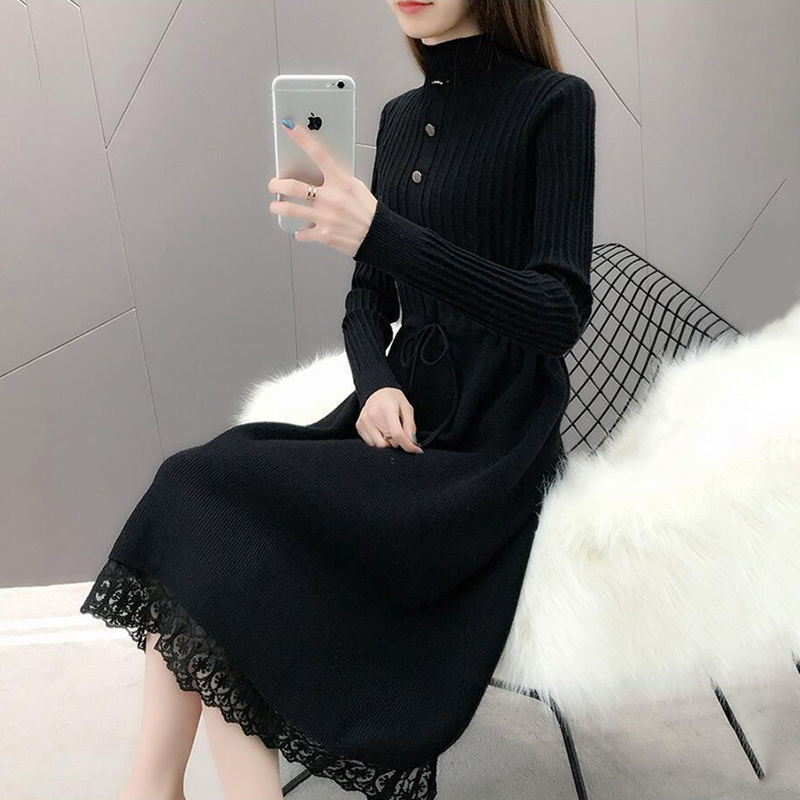 刷毛加厚中長版蕾絲寬鬆半高領針織洋裝-Cicimode