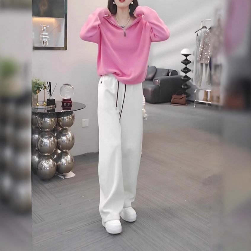 【整套】韓版寬鬆顯瘦粉色連帽長袖+休閒運動風簡約長褲兩件套-Cicimode