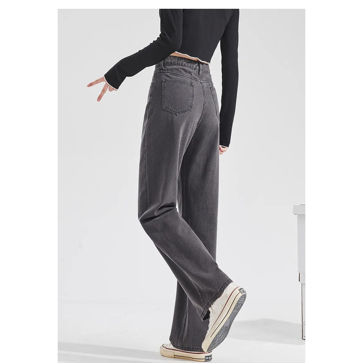 韓版休閒高腰寬鬆直筒垂感闊腿牛仔褲裝-Cicimode