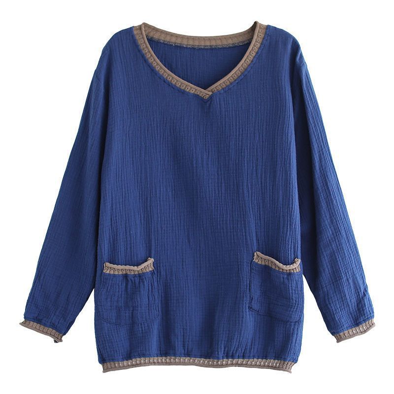 新款國風秋季女裝民族復古艺文V領打底長袖T恤上衣