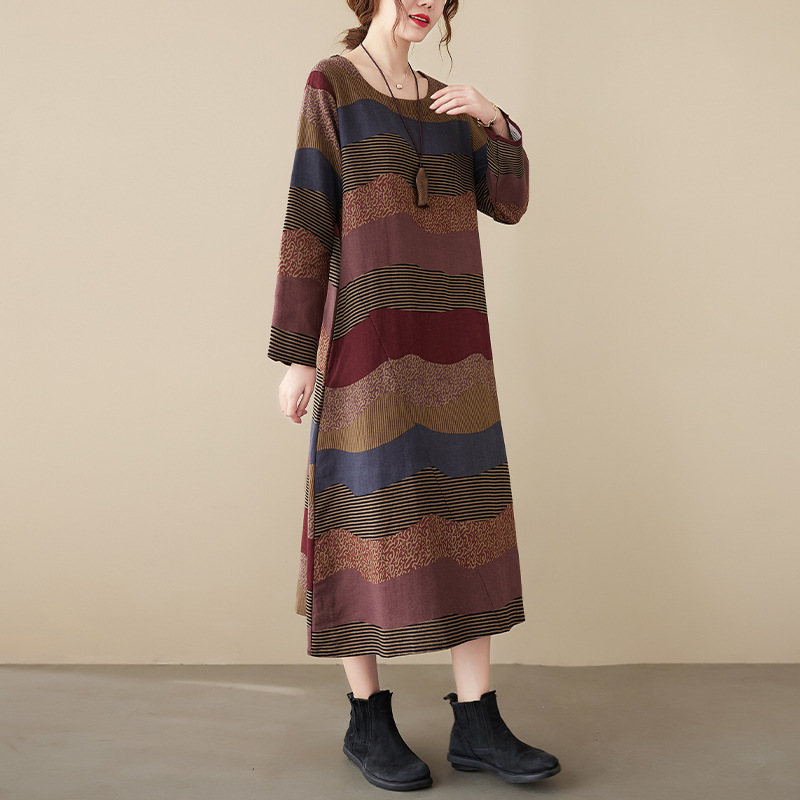 文藝洋氣復古亞麻條紋拼接棉麻洋裝-Cicimode