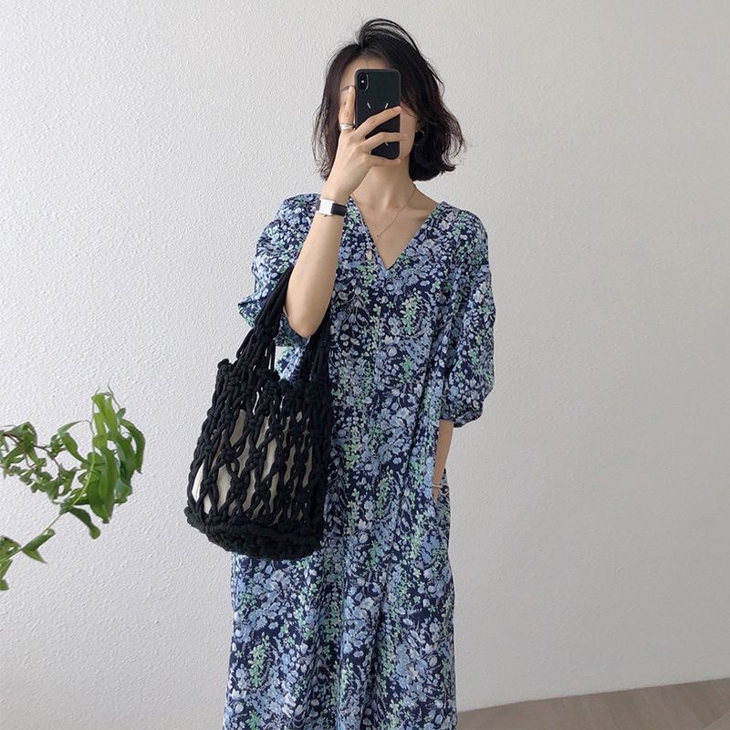 長款氣質韓版法式遮肉感顯瘦寬鬆連身裙-Cicimode