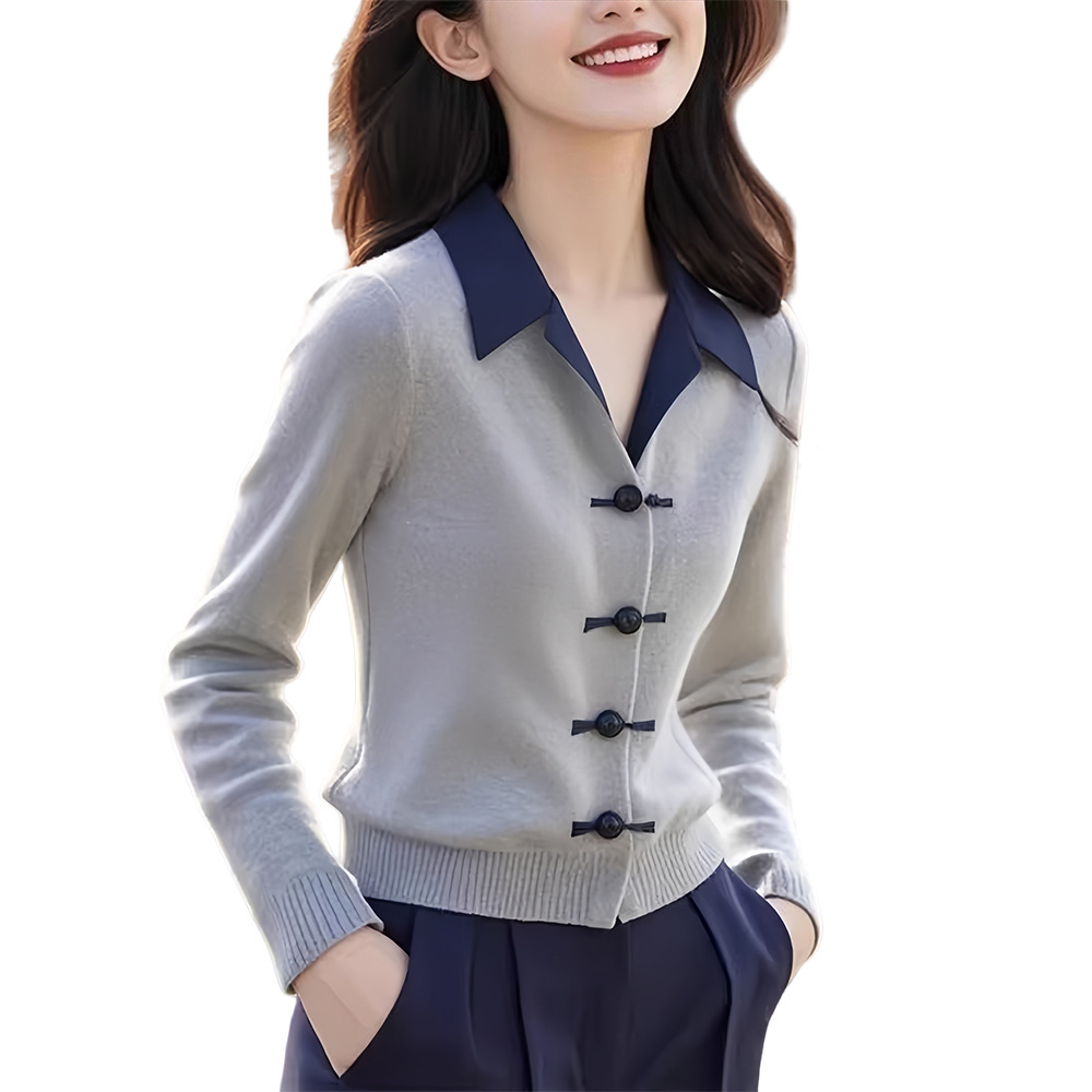 新中式高級感灰色拼接翻領針織開衫-Cicimode