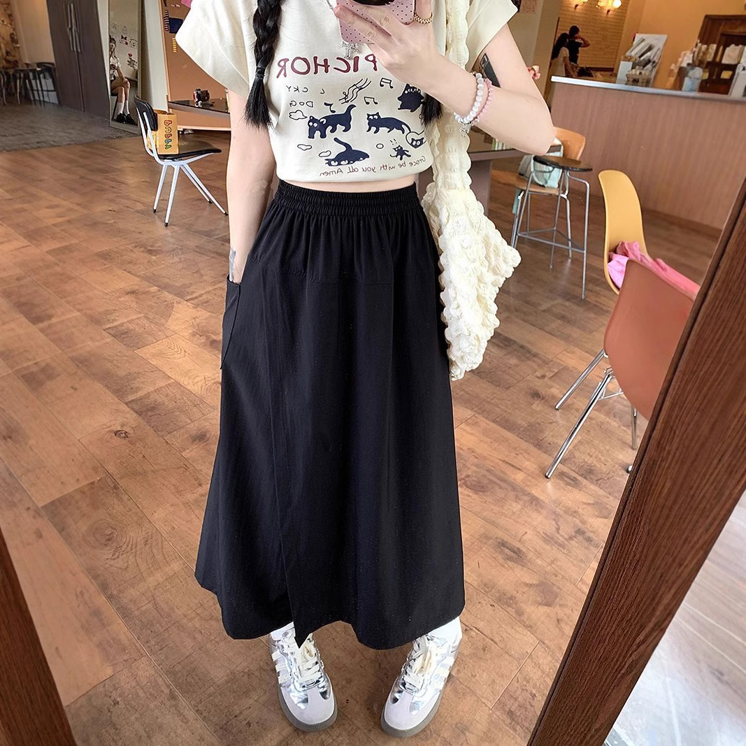 高腰寬鬆休閒九分直筒闊腿設計感拼接褲裙-Cicimode