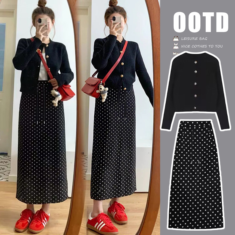 【單件/套裝】小香風黑色氣質針織開衫+波點半身裙兩件套-Cicimode