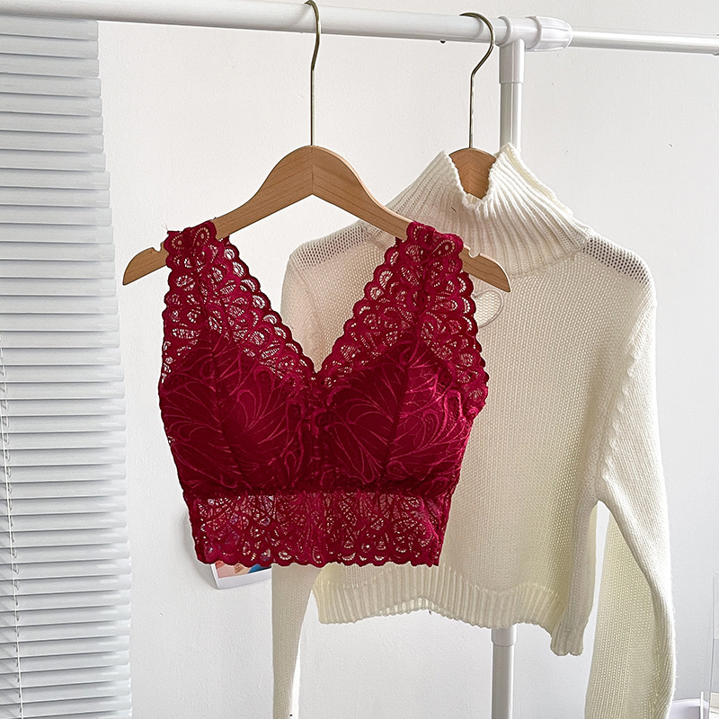 蕾絲無鋼圈聚攏上托帶胸墊防走光V領文胸