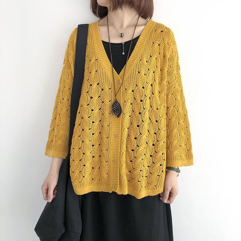 7色鏤空大碼顯瘦網眼長袖針織衫開衫-Cicimode