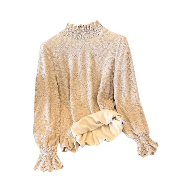 刷毛加厚內搭蕾絲半高領顯瘦打底衫-Cicimode