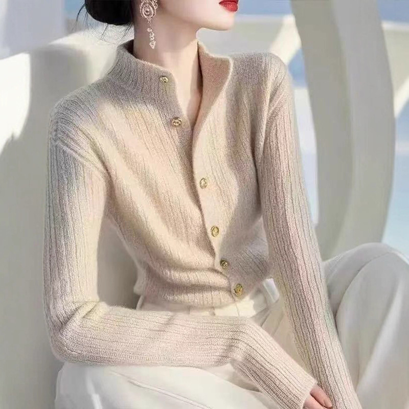 4色高級感超好看氣質毛衣外套半高領針織上衣-Cicimode