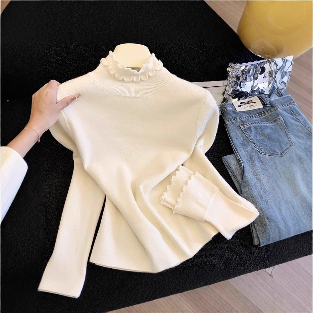 半高領雙層木耳邊德絨洋氣百搭顯瘦打底衫