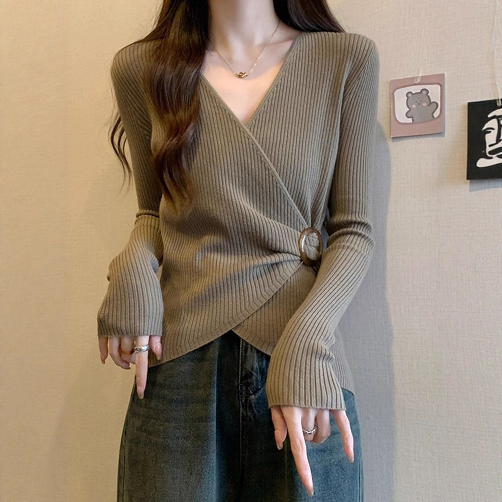 小香風v領坑條寬鬆顯瘦大碼純慾風長袖T恤